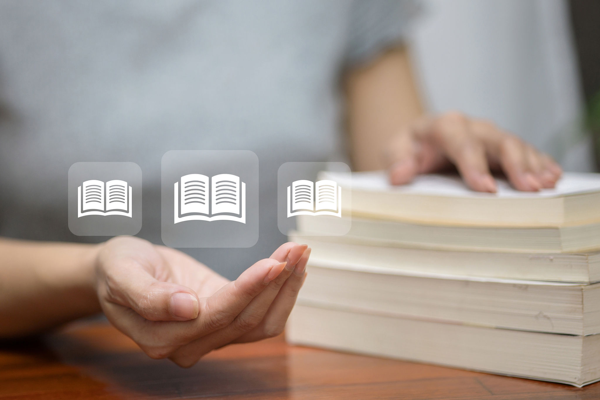 Books with Floating Digital Education Icons Books with Floating Digital Education Icons