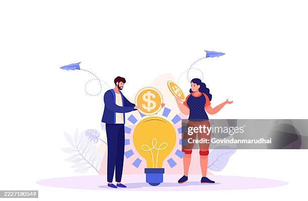 fundraising- und startup-support-konzept – geschäftsleute beteiligen sich mit risikokapital und spenden an innovativem glühbirnenprojekt - fundraising stock-grafiken, -clipart, -cartoons und -symbole
