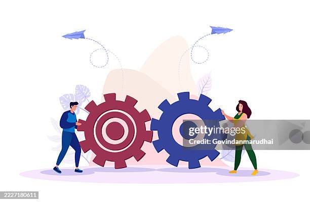 illustrazioni stock, clip art, cartoni animati e icone di tendenza di concetto di lavoro di squadra e collaborazione - uomo e donna d'affari che allineano le ruote dentate verso il successo condiviso - tecnica illustrativa