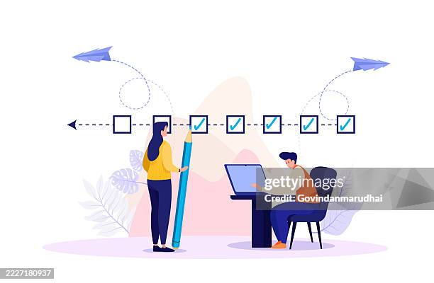 project manager tracking task completion – business team checking project progress and workflow timeline - agile software development stock illustrations