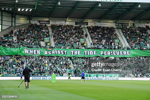 Sign is displayed during the UEFA Europa League 2025/26 second qualifying round second leg match between Hibernian and Midtjylland at Easter Road on...