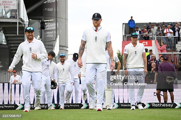 Ben Stokes of England leads his team out on Day Five of the 4th Rothesay Test Match between England and India at Emirates Old Trafford on July 27,...
