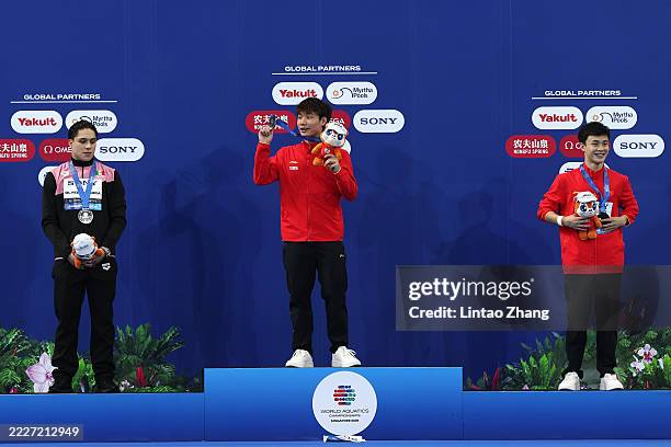 Silver medalist Osmar Olvera Ibarra of Team Mexico, Gold medalist Jiuyuan Zheng of Team People’s Republic of China and Bronze medalist Siyu Yan of...
