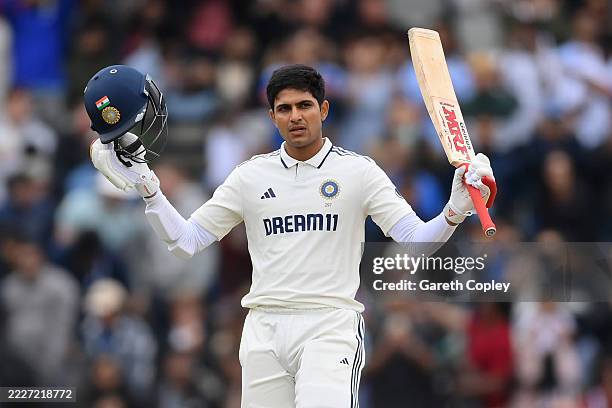 Shubman Gill of India celebrates after reaching his century during Day Five of the 4th Rothesay Test Match between England and India at Emirates Old...