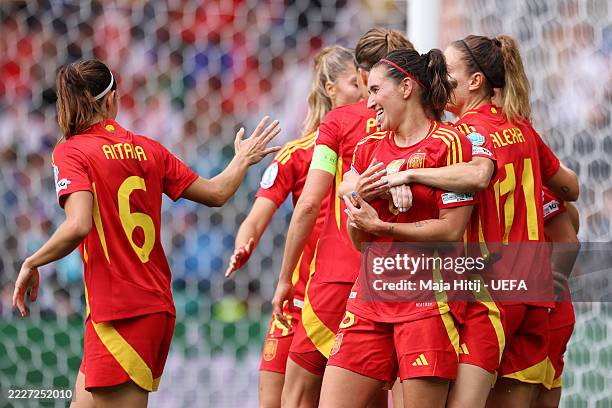 Mariona Caldentey of Spain celebrates scoring her team's first goal with teammates during the UEFA Women's EURO 2025 Final match between England and...
