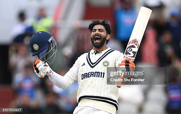 India batsman Ravindra Jadeja celebrates his century during day five of the 4th Test Match between England and India at Emirates Old Trafford on July...