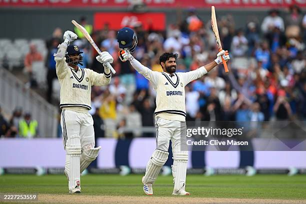 Ravindra Jadeja of India celebrates reaching his century with Washington Sundar during Day Five of the 4th Rothesay Test Match between England and...