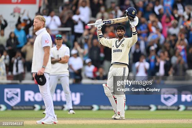Washington Sundar of India celebrates reaching his century during Day Five of the 4th Rothesay Test Match between England and India at Emirates Old...