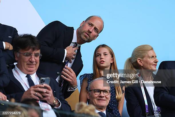 Prince William, Prince of Wales talks with Princess Charlotte prior to the UEFA Women's EURO 2025 Final match between England and Spain at St....