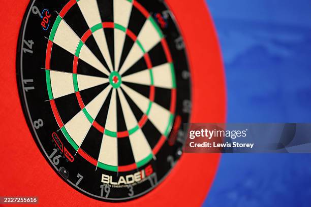 Detailed view of 'Double 16' is seen on the dart board ahead of the Final match between James Wade of England and Luke Littler of England on day nine...
