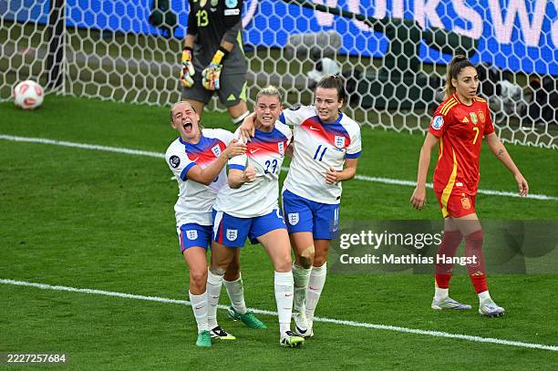 Alessia Russo of England celebrates scoring her team's first goal with teammates Ella Toone and Lauren Hemp during the UEFA Women's EURO 2025 Final...