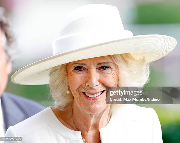 Queen Camilla attends King George Day at Ascot Racecourse on July 26, 2025 in Ascot, England.