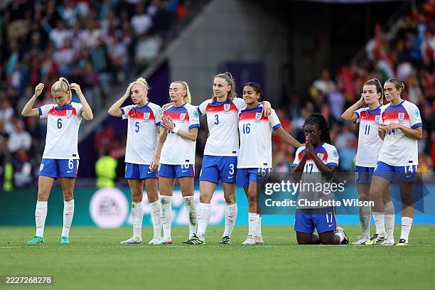 Players of England react during the penalty shoot out during the UEFA Women's EURO 2025 Final match between England and Spain at St. Jakob-Park on...
