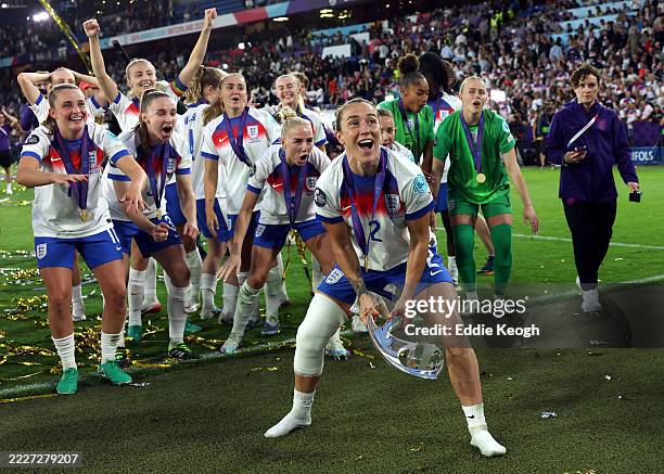 Lucy Bronze of England celebrates with the UEFA Women's EURO trophy after her team's victory in the UEFA Women's EURO 2025 Final match between...