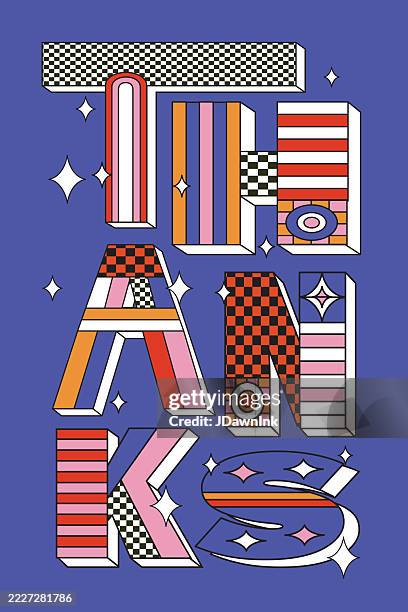 thanks greeting retro y2k 3d typography design with abstract shapes and patterns - 1990 stock illustrations
