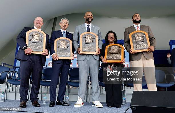 Inductees, from left, Billy Wagner, Ichiro Suzuki, CC Sabathia, Willa Allen, representing her late husband late Dick Allen and David Parker II,...