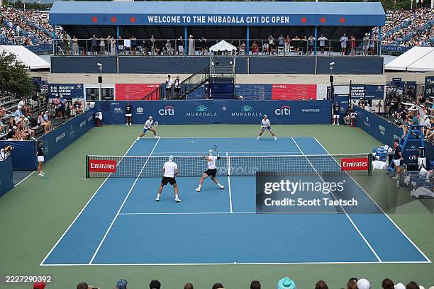 Simone Bolelli of Italy and Andrea Vavassori of Italy return a shot during a men's doubles championship match against Hugo Nys of Monaco and Edouard...