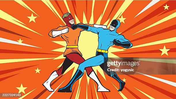 vector retro two fighting superheroes stock illustration - martial arts stock illustrations