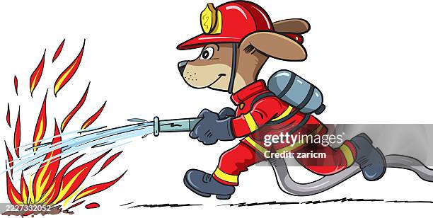 a dog with a firefighters helmet and a firefighters fire - fireman stock illustrations