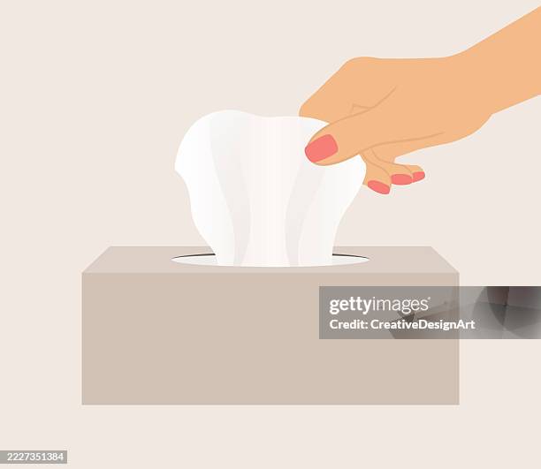ilustraciones, imágenes clip art, dibujos animados e iconos de stock de primer plano de la mano sacando un pañuelo de papel de la caja. concepto de higiene y cuidado personal - papel de seda