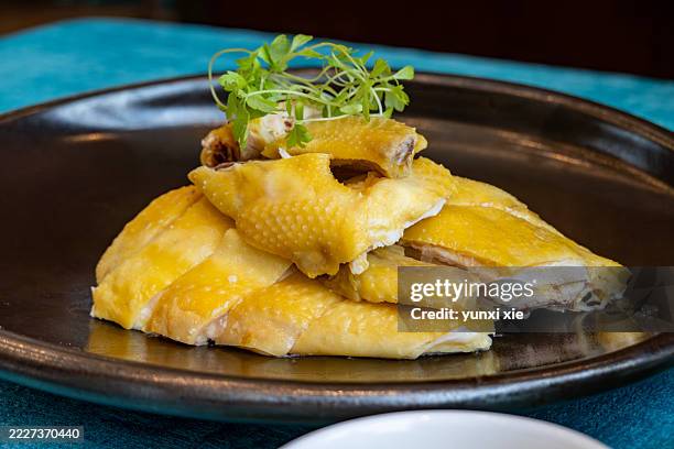 steamed yellow chicken sliced and plated - bollito foto e immagini stock
