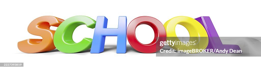 Low angle plastic magnetic letters with drop shadow spelling the word school isolated on a white background