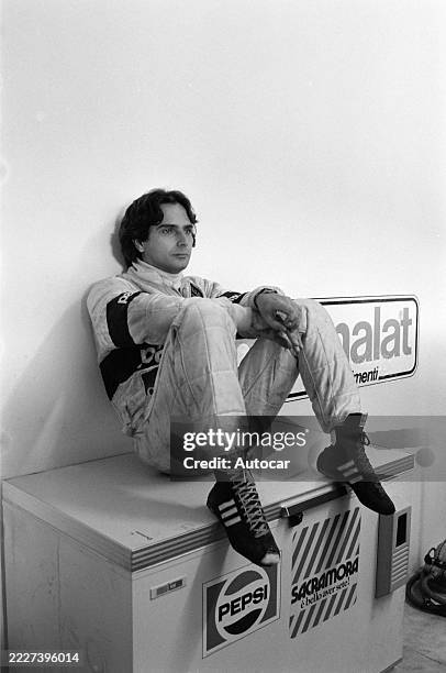 Nelson Piquet sits on a cooler in the Brabham garage at the San Marino GP, Autodromo Dino Ferrari, Imola, Emilia-Romagna, Italy, 1st-3rd May 1981.