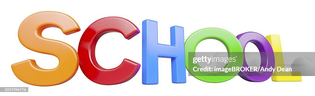 Angled plastic magnetic letters spelling the word school isolated on a white background