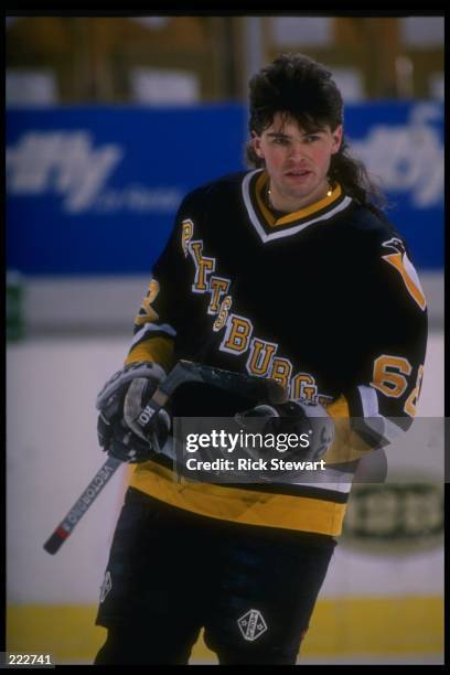 Rightwinger Jaromir Jagr of the Pittsburgh Penguins looks on during a game against the Buffalo Sabres at Memorial Auditorium in Buffalo, New York....