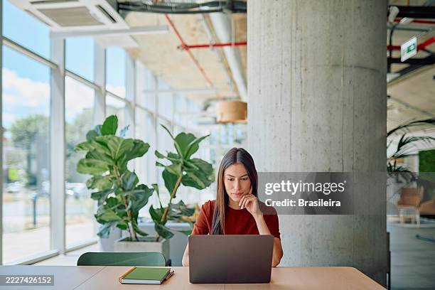 focused businesswoman working on laptop in modern office with plants - equipamento de computador imagens e fotografias de stock