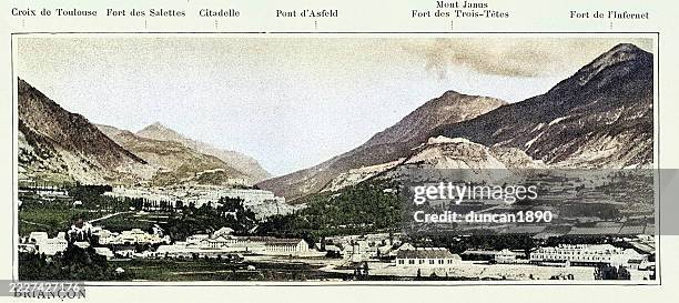 view of briançon, provence-alpes-côte d'azur, france, forts and citadel, 1890s, vintage photograph 19th century - french alps stock illustrations