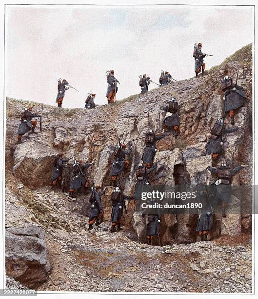 military history, french army, infantry soldiers on maneuvers, climbing rock face, 1890s, victorian 19th century art - rock wall climbing stock illustrations