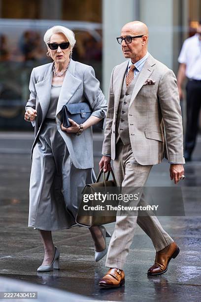 Meryl Streep and Stanley Tucci are seen filming 'The Devil Wears Prada 2' in Midtown on July 28, 2025 in New York City.