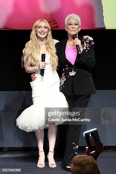 Lindsay Lohan and Jamie Lee Curtis speak onstage during the Freakier Friday NYC Special Screening on July 28, 2025 in New York City.