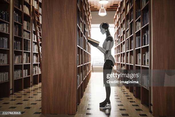 artificial intelligence researching in a classic library - literatura e teatro imagens e fotografias de stock