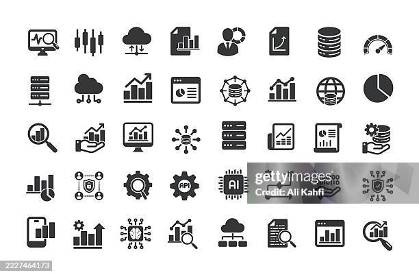 data analytics glyph solid icons. containing big data, analyzing, network data, database solid icons collection - data center icon stock illustrations