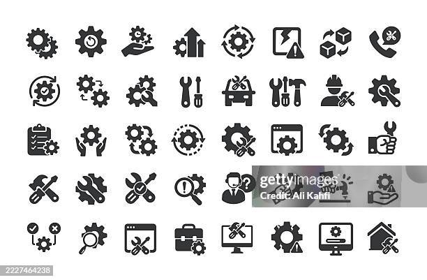 repair glyph solid icons. containing setting, gear, tools, maintenance solid icons collection - setting up camera stock illustrations