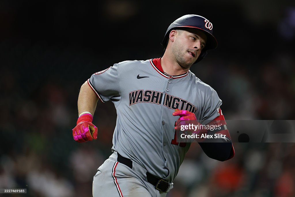 Nationals Riley Adams Riley Adams of the Washington Nationals runs after hitting during the ...
