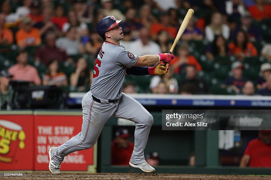 Nationals Riley Adams Riley Adams of the Washington Nationals bats during the ninth inning ...
