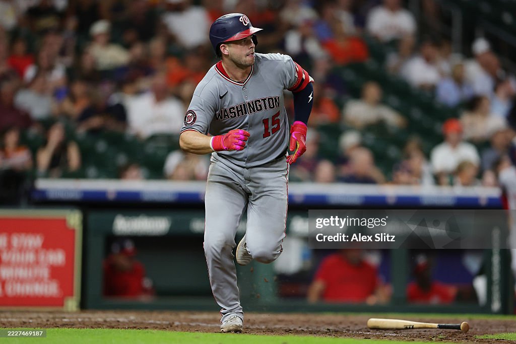 Nationals Riley Adams Riley Adams of the Washington Nationals runs after hitting during the ...