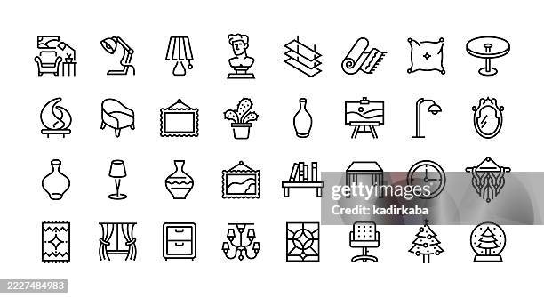 stockillustraties, clipart, cartoons en iconen met home decor line icon set. group of object. lamp, sculpture, vase, bergere, floor lamp, wall mirror, curtain, bookshelf, furniture. - sculptuur