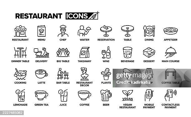 restaurant line icon set. group of object. menu, chef, waiter, customer, launch, dinning, breakfast. - restaurant waiter stock illustrations