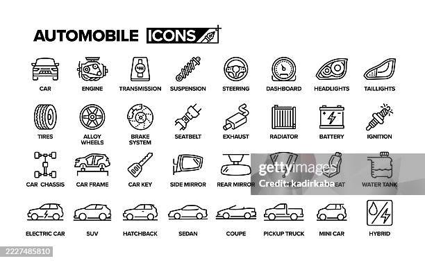 illustrazioni stock, clip art, cartoni animati e icone di tendenza di set di icone della linea automobilistica. gruppo di oggetti. auto, motore, sospensioni, pneumatici, chiave dell'auto, auto elettrica. - automobile