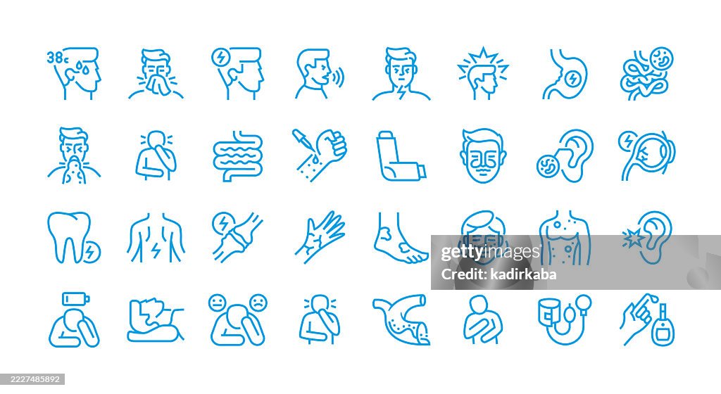 Common Illnesses Line Icon Set. Group Of Object. Fever, Flu, Headache, Coughing, Migraines, Stomach, Vomiting, Toothache, Allergy, Joint Pain.