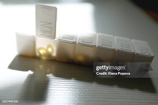 rear view half full pillbox with heap of vitamin d capsules against light and shadows background - hormone stock pictures, royalty-free photos & images