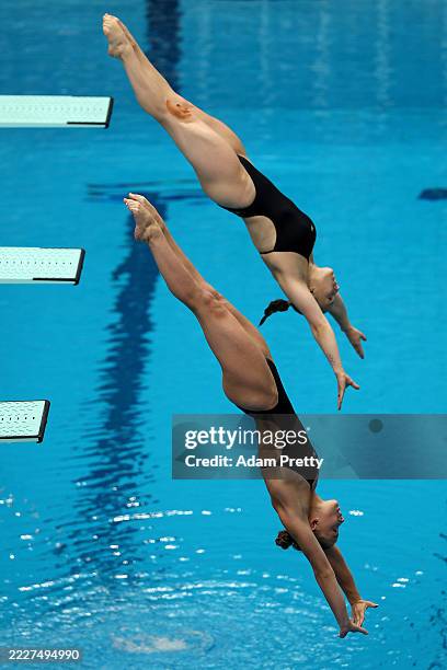 Lena Hentschel and Jette Muller of Team Germany compete in the Women's 3m Synchronised Final on day 19 of the Singapore 2025 World Aquatics...