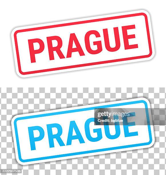 prague - red and blue labels on blank background - prague stock illustrations