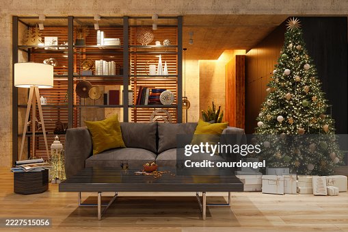 Luxurious Living Room Interior At Night With Christmas Tree, Gift Boxes, Sofa And Floor Lamp Luxurious Living Room Interior At Night With Christmas Tree, Gift Boxes, Sofa And Floor Lamp