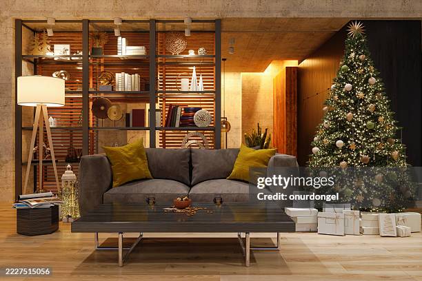 luxurious living room interior at night with christmas tree, gift boxes, sofa and floor lamp - floor lamp stock pictures, royalty-free photos & images