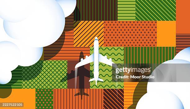 airplane flying over fields vector illustration - patchwork stock illustrations